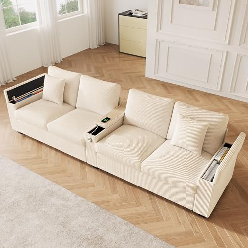Merax Sofa 4 Sitzer Modern Couch mit klappbarer Mittelarmlehne, verstecktem Stauraum und USB/USB-C Ladefunktion, Cordstoff, für Wohnzimmer/Schlafzimmer/Gästezimmer, Beige