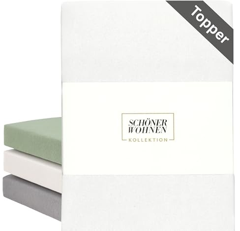 SCHÖNER WOHNEN Topper Spannbettlaken 140x200cm Weiß bis 160x200cm - Luxus Topperbettlaken aus Jersey-Baumwolle Öko-Tex Bed Sheets - für Flache Matratzen 5-15 cm hoch - Spannbetttuch 180 g/m²