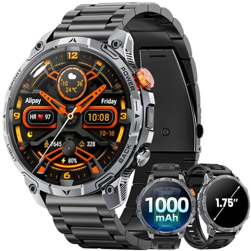 Smartwatch Uomo Militare, 1000 mAh Batteria Orologio Smart, Due Cinturini, Schermo HD 1,75, Torcia LED, 100＋ Modalità Sportive, Monitoraggio della Salute, Chiamate Bluetooth per iOS Android (Nero)