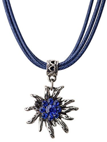 Trachtenkette Wiesnsonne eleganter und funkelnder Edelweiss Anhänger mit Strass - Trachtenschmuck Kette für Dirndl und Lederhose (Blau)