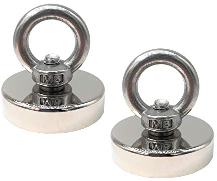 Magnetpro 2 Stück Ösenmagnet über 100 KG Ziehkraft Superstarker Neodym Magnete, Schwerdacht Seltenerdmagnete mit Augenbolzen, Durchmesser 48 mm für magnetisches Fischen, Jagd, Rückgang im Fluss