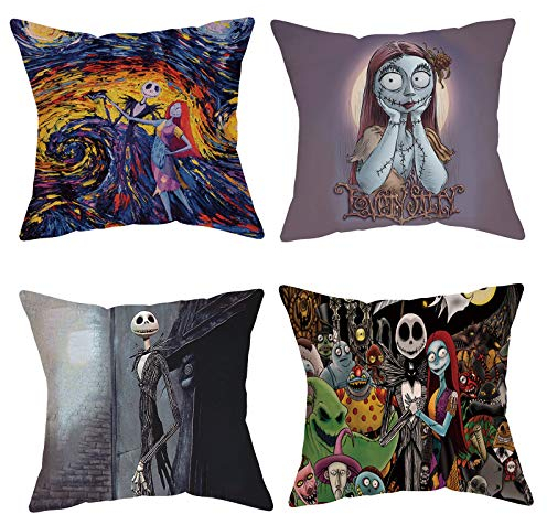 VFY Fundas de Almohada Nightmare de 4 Piezas - Juego de Fundas de Almohada Pesadilla Antes de Navidad, Regalos de Pesadilla Antes de Navidad, Fundas de Cojín de Sofá Cuadradas de 18x18 Pulgadas