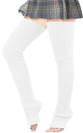 Joyingtwo Oberschenkelhoch Beinstulpen für Damen, Overknee-hoch, gehäkelt, extra lange Socken - Weiß - Einheitsgröße