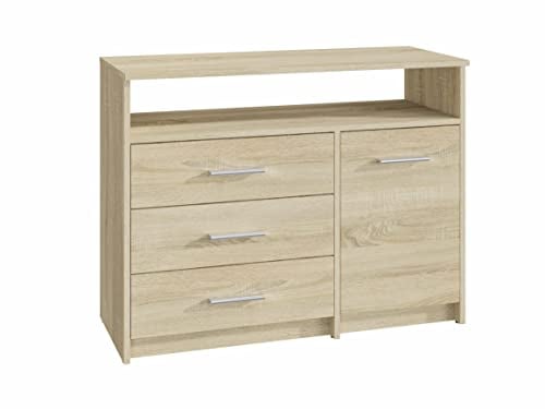 MATKAM Kommode Bodo 1D3SO, H75 x B98 x T35 cm, mit 3 Schubladen, einem Ablagefach und einem Türschrank, Griffe in Metall-Optik, Schubladen-Führungsschienen aus Metall (Sonoma Eiche)