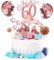 Tortendeko 60 Geburtstag Männer Frauen 17 Pcs Cake Topper Happy Birthday Kuchen Dekoration 60 Geburtstag Torten Topper Deko mit geburtstagskerzen Sternen Konfetti-Luftballons und Papierfächer Roségold
