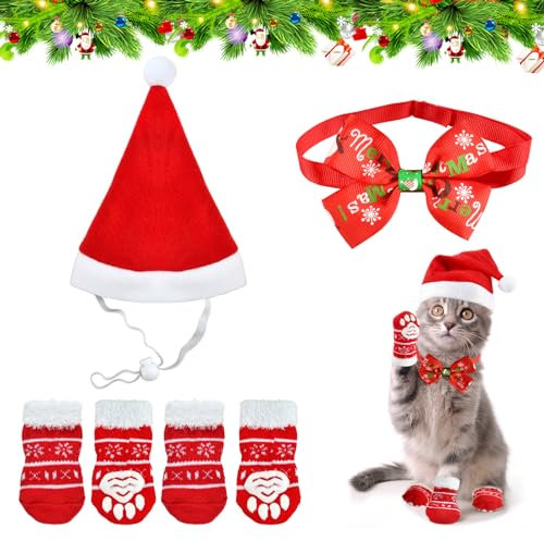 Hund Weihnachtsmütze, Weihnachtsmützen für Katzen, Haustier Weihnachtskostüm, Haustier Weihnachten Kostüm Zubehör, Verstellbares Fliege, für Katzen und Welpen