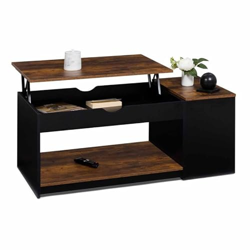 IDMarket - Table Basse Plateau relevable rectangulaire ELEA avec Coffre Bois Effet Vieilli et Noir