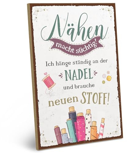 ARTFAVES® Wandbild Holzschild mit Spruch - Nähen macht süchtig - Türschild Retro Vintage Deko Bild Geschenk - Nähen
