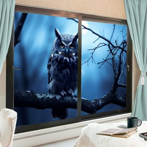 Rustikale Eule Fensterfolie Abdeckungen Baum Ast Vogel Niedlich Tier Land Fenster Sichtschutzfolie Nicht Klebende Glasfolie Dekorative Statische Frischhaltefolie für Home Office 45 * 60CM X2 Pcs