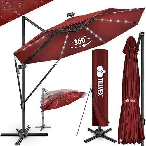 tillvex® Premium Alu Sonnenschirm 330 cm + Abdeckung & Windsicherung | Ampelschirm 6-Fach verstellbar mit Kurbel | Gartenschirm 360° Drehbar Neigbar Kippbar | UV50+ wasserdicht (Rot/mit LED)