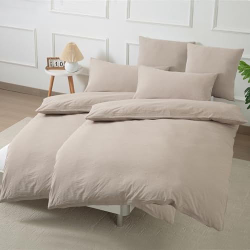 Nesture Bettwäsche 135x200 Baumwolle 4teilig, Beige | 100% Baumwolle, gewaschene Leinenoptik, 2x Bettbezug 135x200 + 2x Kissenbezug 80x80cm, Bettwäsche-Sets, Weich & atmungsaktiv
