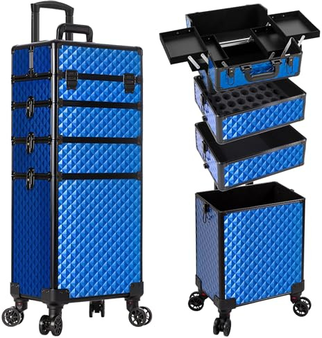 AROUS Rolling Makeup Train Case 4 in 1 Cosmetology Case on Wheels Large Storage Cosmetic Trolley with Key Salon Barber Traveling Cart Trunk, Blue