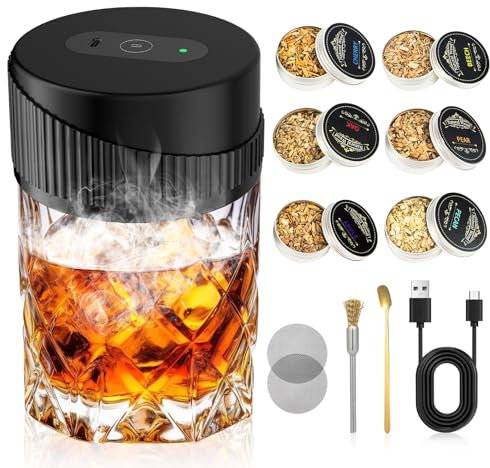 NICEWAT Elektrischer Whisky Smoker Set mit 6 Holzchips, USB C Wiederaufladbares Cocktail Smoker Kit, Saturn Smoker Kit für Getränke Bourbon-Whiskey Geschenke für Männer