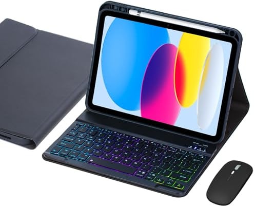 VLEAQC Keyboard Case for iPad (A16) 11th Gen 11 Inch 2025/ 10th Gen 10.9″ 2022, Wireless Rainbow Backlight Detachable Keyboard with Mouse, Thin & Light, Pencil Holder (Black)