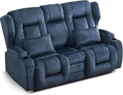 SAMERY Zweisitzer Relaxsessel mit Liegefunktion, 2er-Fernsehsessel Kinosessel 2 Sitzer TV Sessel Heimkino Sitze mit klappbare Mittelkonsole, 4 Getränkehalter (Blau, 172 cm Zweisitzer)