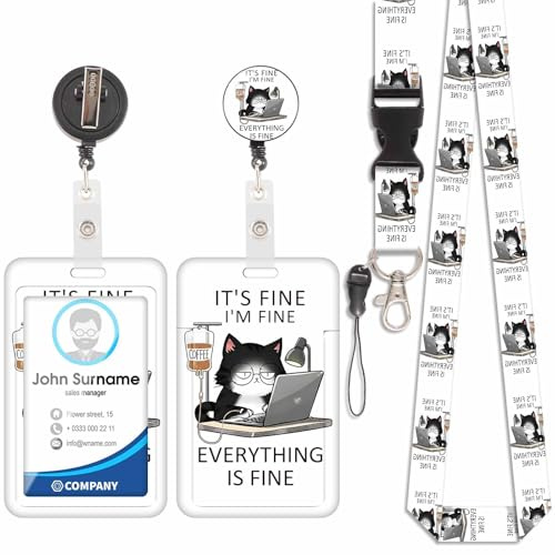 Porte Badge avec Cordon Tour De Cou avec Porte-Cartes, Porte Cartes Avec Enrouleurs de Badge Rétractable, Détachable Lanyard, Swivel Lobster Clasp, pour porte badges d'Identification (Chat Noir-5)