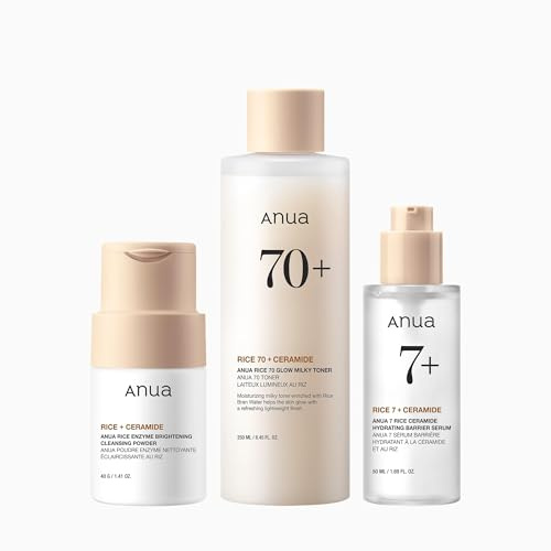 Anua Rice Trio Set, Korean Skincare | Rice Cleansing Powder 40g, Milky Toner 250ml, Hydrating Serum 50ml, Marshmallow Face Mask Maker, for Glass Skin