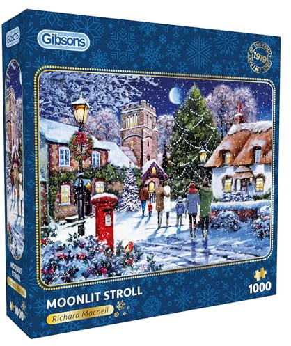 Gibsons Moonlit Stroll 1000 Piece Jigsaw Puzzle for Adults - Beautiful Festive Village Scene Artwork by Richard Macneil, Premium Sustainable Puzzle Made in the UK/EU - Great Gift