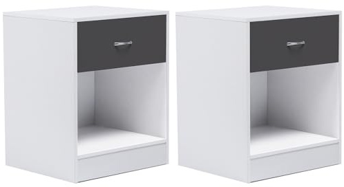 IDMarket - Set aus 2 Nachttischen OLGA 1 Schublade mit Nische Holz weiß und Schublade grau