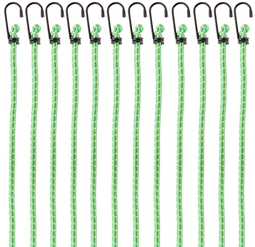 PRETEX Corde Elastiche con Gancio - Set di 12 - Corda Elastica con Gancio per Teloni Portapacchi Auto e Bici - Ganci Elastici Portapacchi - 46 cm - Verde