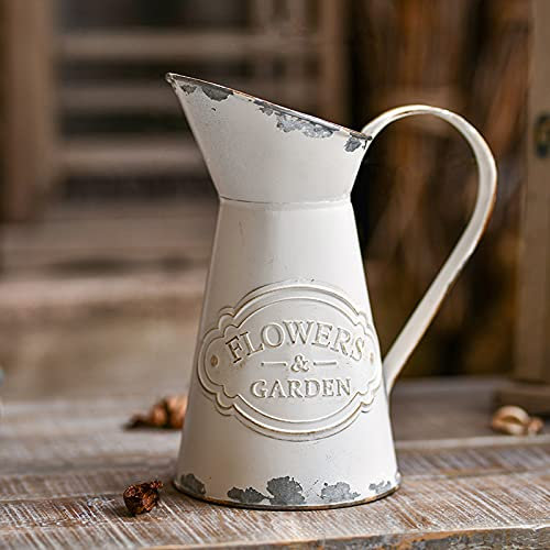 JSY-UP Small Vase for Flowers Shabby Chic Metal Jug Pitcher Decorative White Vase for Decor - 8.7