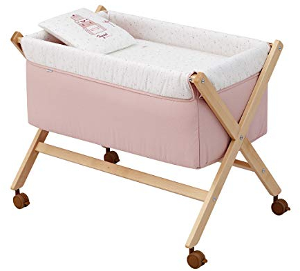 Cambrass Mini-Babybett mit gekreuzten Beinen und Rollen mit Bremsen, Babybett für die ersten Monate des Babys, leicht zu transportieren, Mini-Kinderbett aus Holz, 55 x 87 x 74 cm, Sky Rosa/Natur