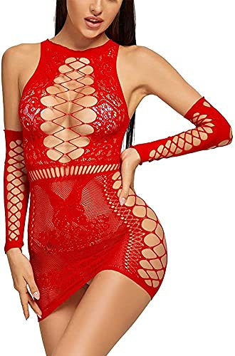 Bommi Fairy Women Lingerie Fishnet Set Chemise + Sleeve Babydolls Mini Dress Mesh Sleepwear Free Size UK 4-20 (Red)