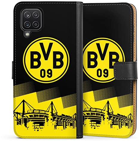 Klapphülle kompatibel mit Samsung Galaxy A12 Handyhülle aus Kunst Leder schwarz Flip Case BVB Borussia Dortmund Stadion