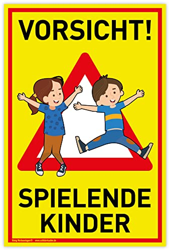Schild Vorsicht! Spielende Kinder | 20x30cm | wetterfestes PVC-Schild mit UV-Schutz | signalgelb | Achtung Spielplatz | Langsam! Spielende Kinder