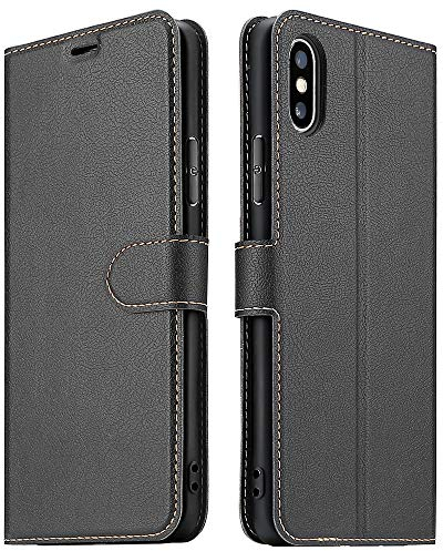 ELESNOW Hülle für iPhone XS Max, Premium Leder Klappbar Wallet Schutzhülle Tasche Handyhülle mit [Magnetisch, Kartenfach, Standfunktion] für Apple iPhone XS Max - 6.5 (Schwarz)