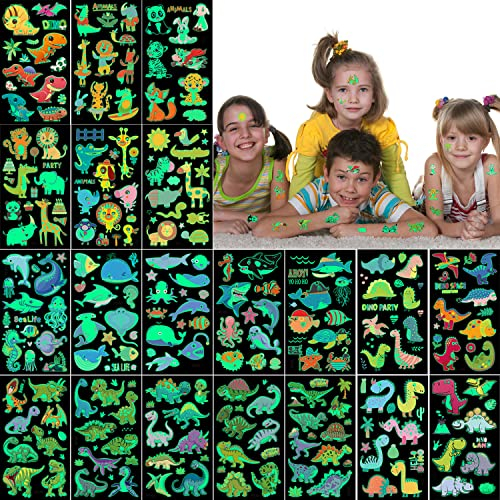 B-017-B 20 Blatt Leuchttattoos Kinder Mit Verschiedenen Tiermotiven Darunter Dinosaurier Waldtiere Meerestiere Und Andere Leucht Kindertattoos Die Sich Als Partygeschenke Eignen Fur Jungs Mädchen