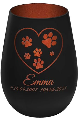 Trauerlicht Haustier mit Herzmotiv - Außen Schwarz/Innen Bronze - personalisierbar mit Name und Datum - Höhe 12 cm - Gedenklicht Windlicht Teelichthalter Hund Katze