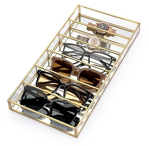 Hipiwe Glas-Sonnenbrillen-Organizer, Tablett, Brillen-Aufbewahrung, Vitrine, goldfarben, verspiegelt, Schmuck, Parfüm, Präsentationstablett, Vintage, Gold, Sonnenbrillen-Aufbewahrungsbox für