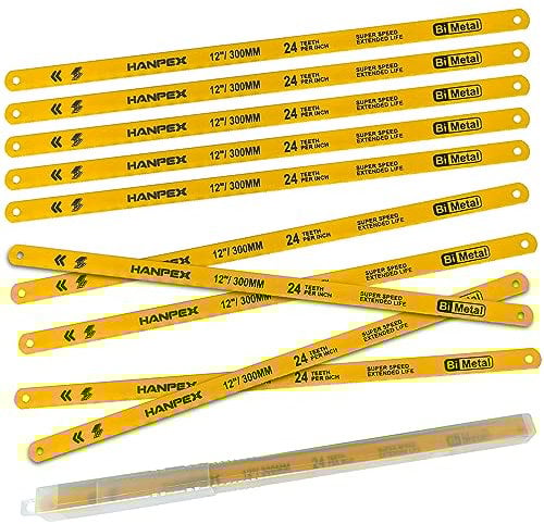 Hanpex Hacksaw Replacement Blades (10 Pack) High Speed 24 TPI - 12 Length Hack Saw Blade - Bi-Metal HSS Cutting Blades