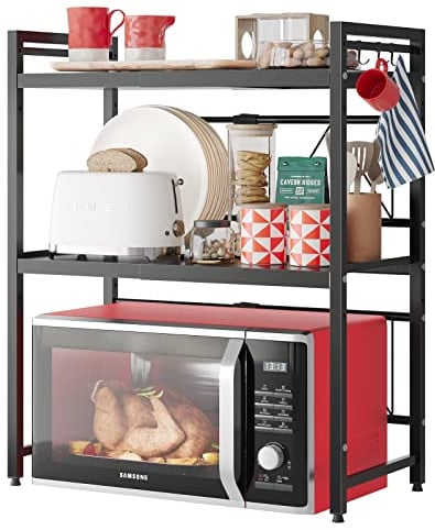 NETEL Expandable Microwave Shelf,3 Tier Microwave Stand with 8 Hooks,air fryer shelf stand,Microwave Oven Rack, Desktop Printer Shelf Rack, Bakers Rack,Kitchen Countertop Organiser Shelves