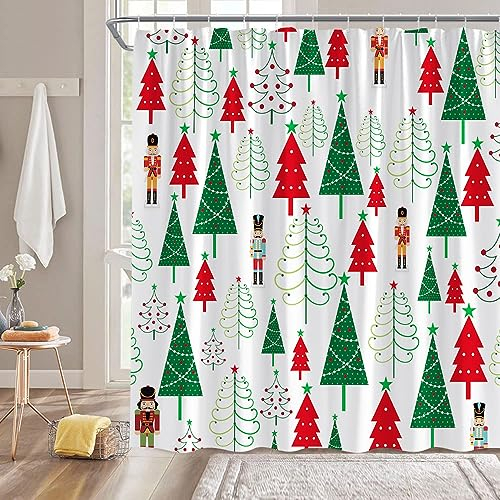 Merry Christmas Shower Curtain The Nutcracker Cartoon Red Green Xmas Tree Funny Winter Holiday Seasonal Festival Fabric Bathroom Decor Curtain with Hooks