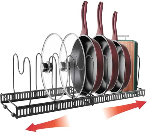 Mezzar Porta Coperchi Pentole, Supporto Padelle con 7 Scompartis Regolabili, Multifunzione Organizer in Metallo da Cucina Dispensa per Padelle Pentole Coperchi Piatti- Nero
