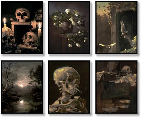 Gothic Wandkunst Set von 6 Dark Academia Room Decor Goth Vintage Wandkunst Drucke Grunge Ästhetische Wanddekoration Schädel Stimmungsvolle Leinwand Poster Kunst Malerei für Halloween Wohnzimmer