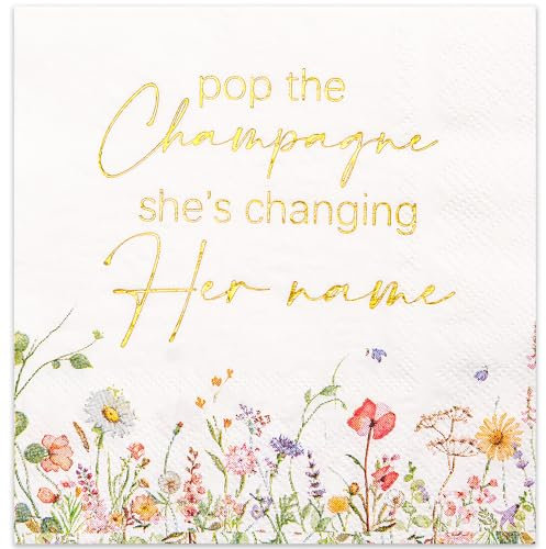 Crisky Cocktail-Servietten mit Wildblumen-Design, Goldfolien-Design, Pop-Champagner-Papier, Einweg-Servietten für Hochzeit/Verlobung/Brautparty/Babyparty/Jubiläumsparty-Dekoration, 3-lagig, 50 Stück