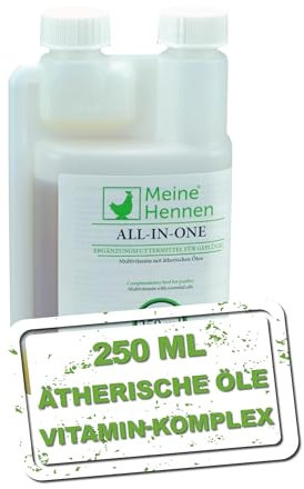Meine Hennen All-in-One - Flüssiges Ergänzungsfuttermittel für Geflügel - Vitamine A, D3, E, B-Komplex & 8 ätherische Öle - 250ml Flasche - Für Hühner, Wachteln & Tauben