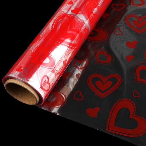 DERAYEE Rouleau de papier cellophane Motif cœurs rouges 30,5 m de long x 40,6 cm de large, 2,3 mm d'épaisseur avec cœurs rouges, cadeaux, paniers, friandises, fleurs, cellophane
