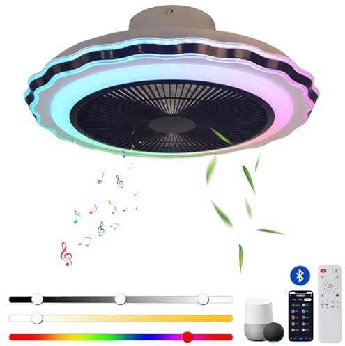 LED Mute Ventilador de Techo Luz con Mando, RGB Regulable Ventilador de Techo Lámpara con Altavoz Bluetooth, Moderno Negro Inteligente Ventilador de Techo, 36W/50CM