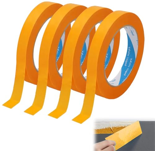 4 Rollen Kreppband Malerband, 20mm x 50m Goldband Klebeband, Abklebeband Maler, Goldband zum Streichen, Painters Tape, Selbstklebendes Malerband, Abklebeband für Maler,Lackieren,Renovieren,Autolack