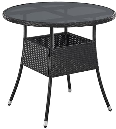 Juskys Table de Jardin Yoro en polyrotin résistant aux intempéries - Table de Balcon Ronde Ø 80 cm - Table d'appoint en rotin à Plateau en Verre - Petite Table pour Balcon, Jardin & terrasse - Noir