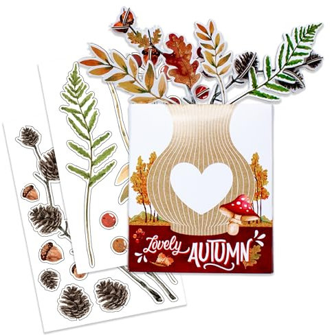 Papierdrachen Steck Herbststrauß Karton - Kreative Herbstdeko mit vorgestanzten Teilen - Blumenstrauß aus Karton - 6 Herbstzweige mit Blättern, Farnen, Beeren - Blumenvase mit 6 Herbstmotiven - Set 02