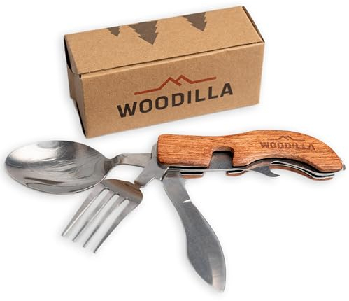 Outdoor Campingbesteck von Woodilla - Couverts pliants, en acier inoxydable & bois, couteau, fourchette, cuillère, décapsuleur, set de couverts 4 pièces