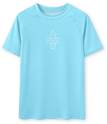 Glimnerize Jungen Rashguard Shirt Bademode Weich Schwimmshirt Badeshirt Rundkragen UV Shirt Kurzarm Shirt Surfbrett Hellblau 104