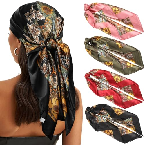 WELROG 90×90cm Große Quadratische Kopftuch Damen - 4 Stück Bandana Damen Seidentuch Haare Haartuch Frauen zum binden Halstuch Damen