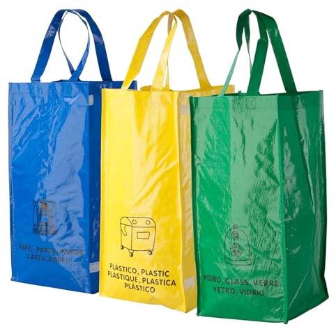Set of 3 Reusable Recycling Bags Waste Separation Glass Residues Recyclable Paper Laminated and with hook-and-loop fastener Pocket Size 23 x 45 x 23 cm