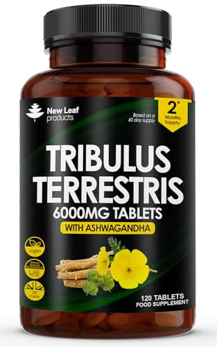 Tribulus Terrestris 6000mg High Strength Tablets Enriched with Ashwagandha - Tribulus Terrestris with 95% Sapopins - 120 Tribulus Terrestris Tablets Made in The UK by New Leaf